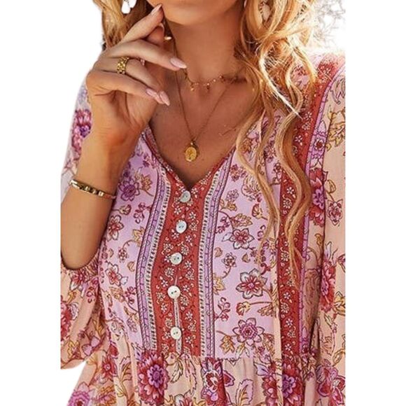 Pink Floral Print Button-Down V-Neck Long Sleeve Dress 100% Viscose Feminine S-X - Picture 3 of 5